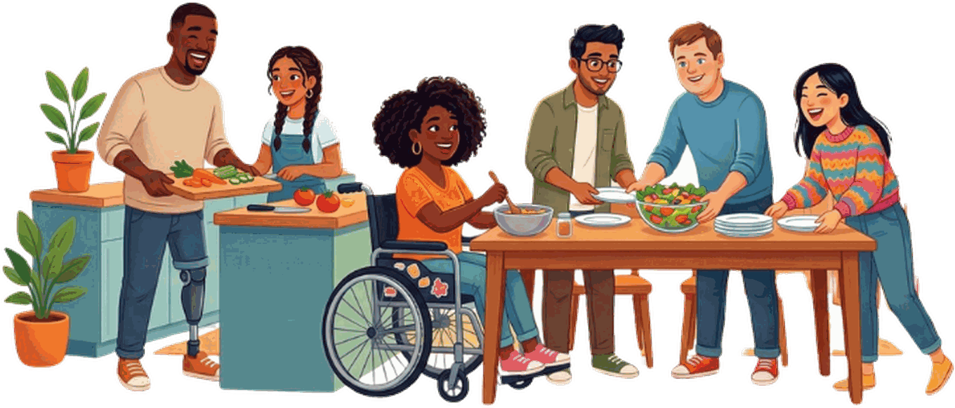 Zeichnung: Sechs Menschen mit und ohne Behinderung kochen und decken zusammen einen Tisch in einer Wohnküche. Eine Frau sitzt im Rollstuhl, ein Mann hat eine Beinprothese.